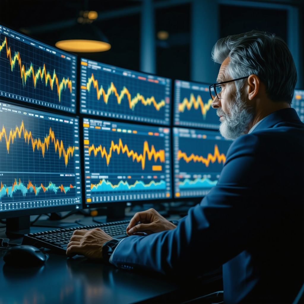 Trader analyzing gold futures data with algorithmic charts and global economic indicators