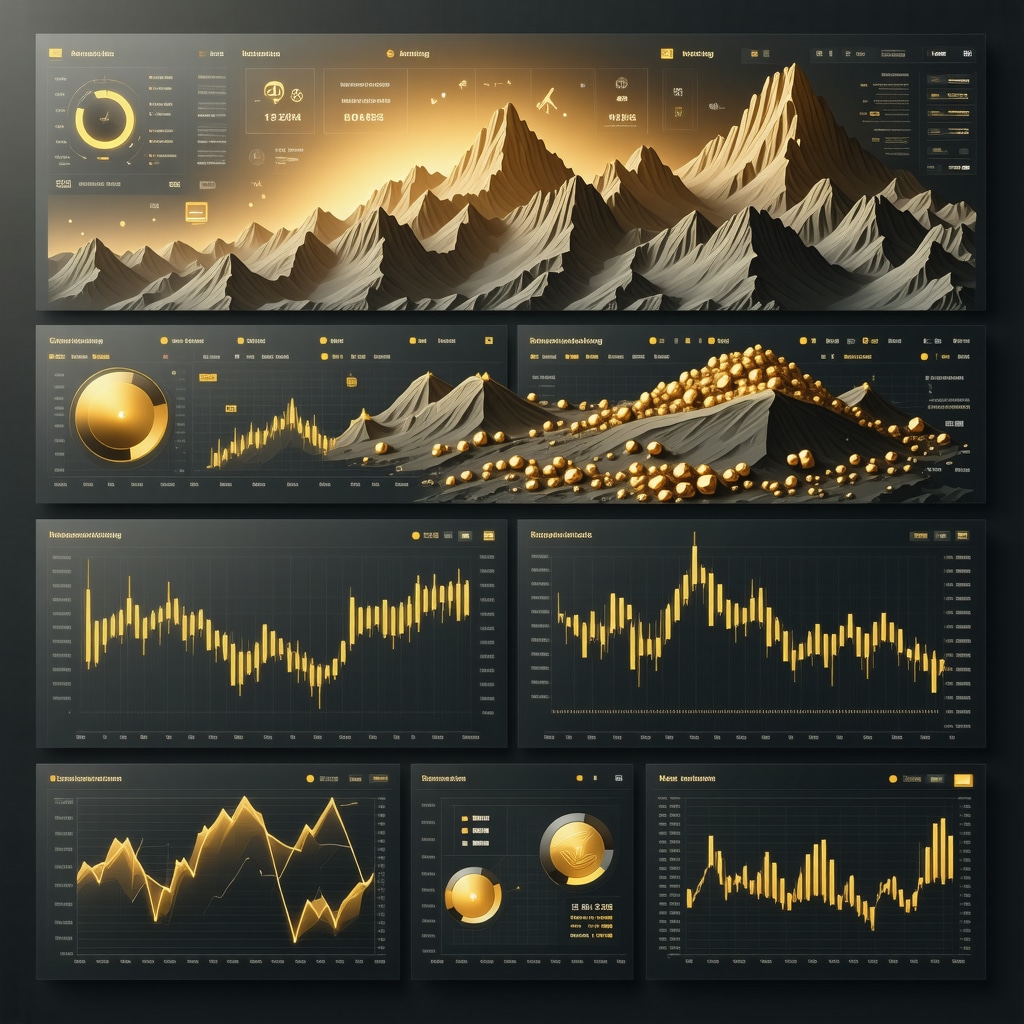 Financial dashboard showing quantitative models, ESG scores, and technology impact on gold mining stocks