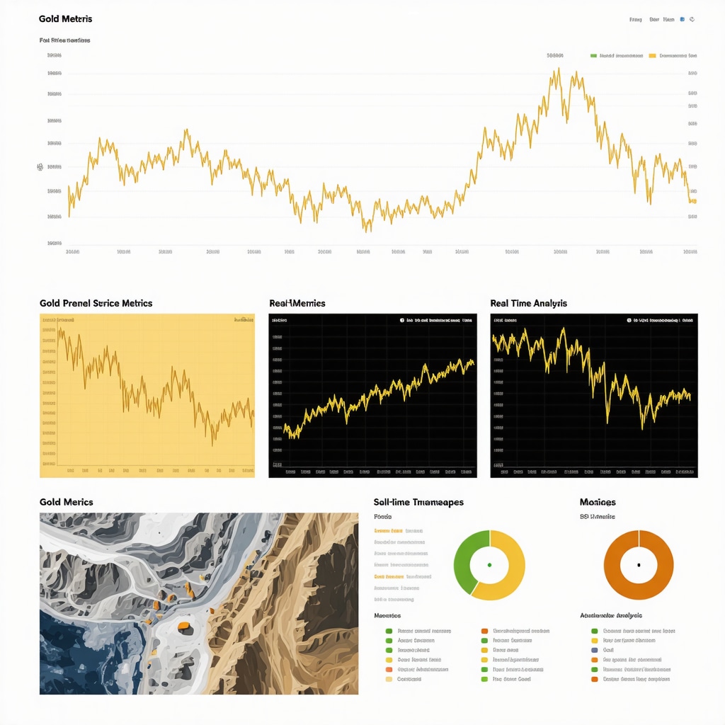 Dashboard showing gold price trends with ESG scores, satellite mining imagery, and sentiment analysis graphs