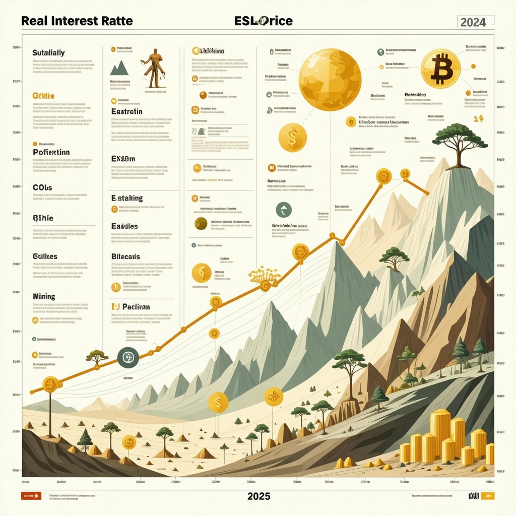 Infographic illustrating real interest rates, QE impact, ESG trends, and blockchain influence on gold prices in 2025