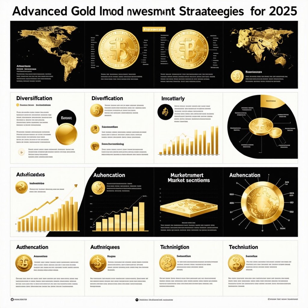 Infographic showing key advanced gold investment strategies, market signals, diversification, and security tips for 2025