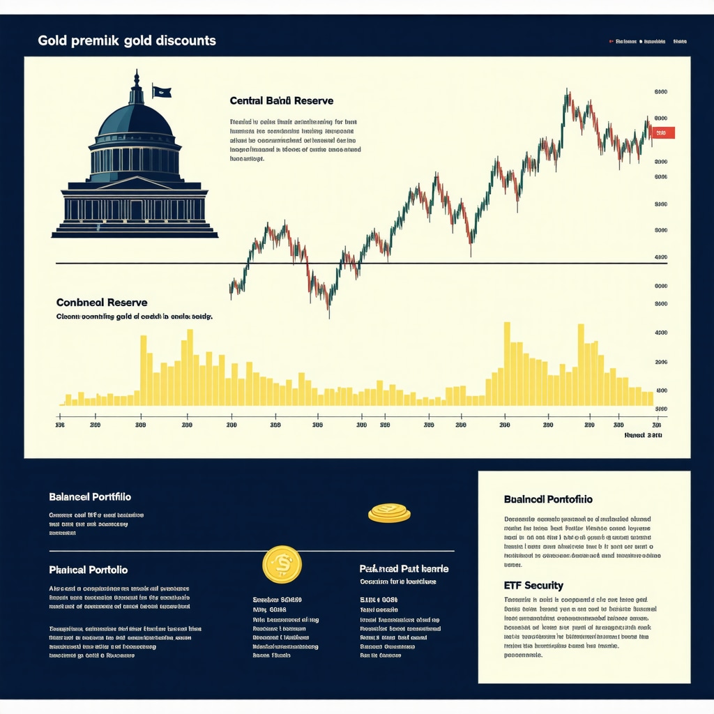 Infographic showing gold premiums, central bank reserve impacts, and hybrid gold investment portfolio strategies