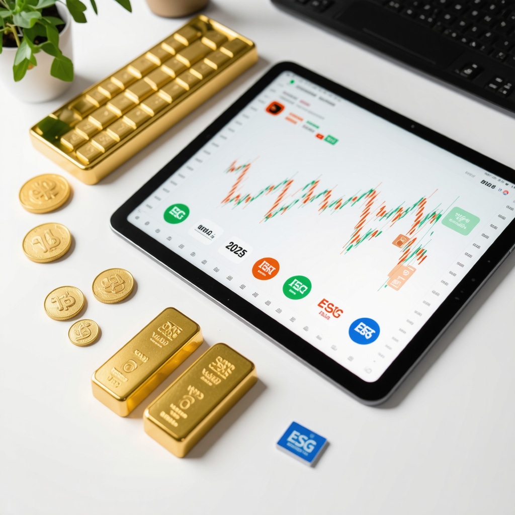 Gold coins, bullion bars, digital tablet with charts, and ESG certification logos on a desk
