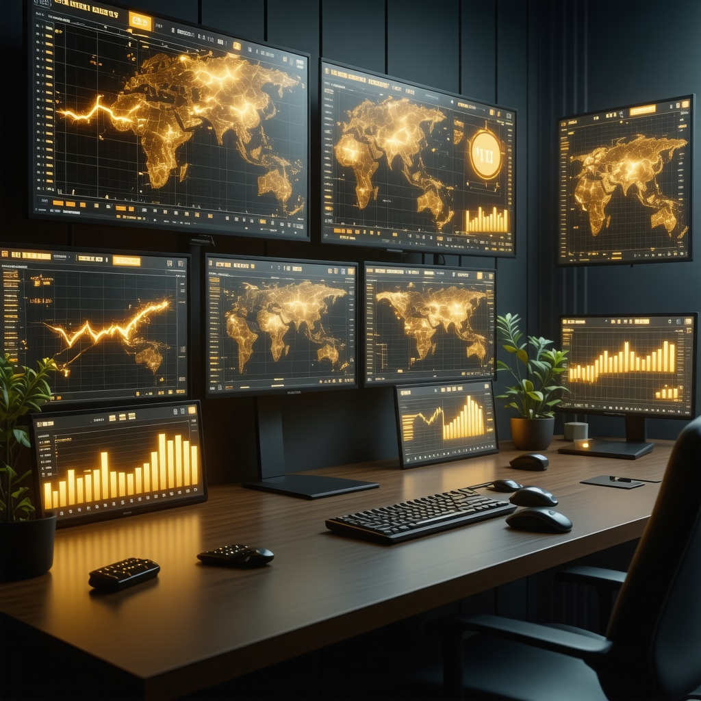 Futuristic trading desk showing gold price charts, AI algorithms, ESG icons, and portfolio graphs for 2025 gold investment strategies