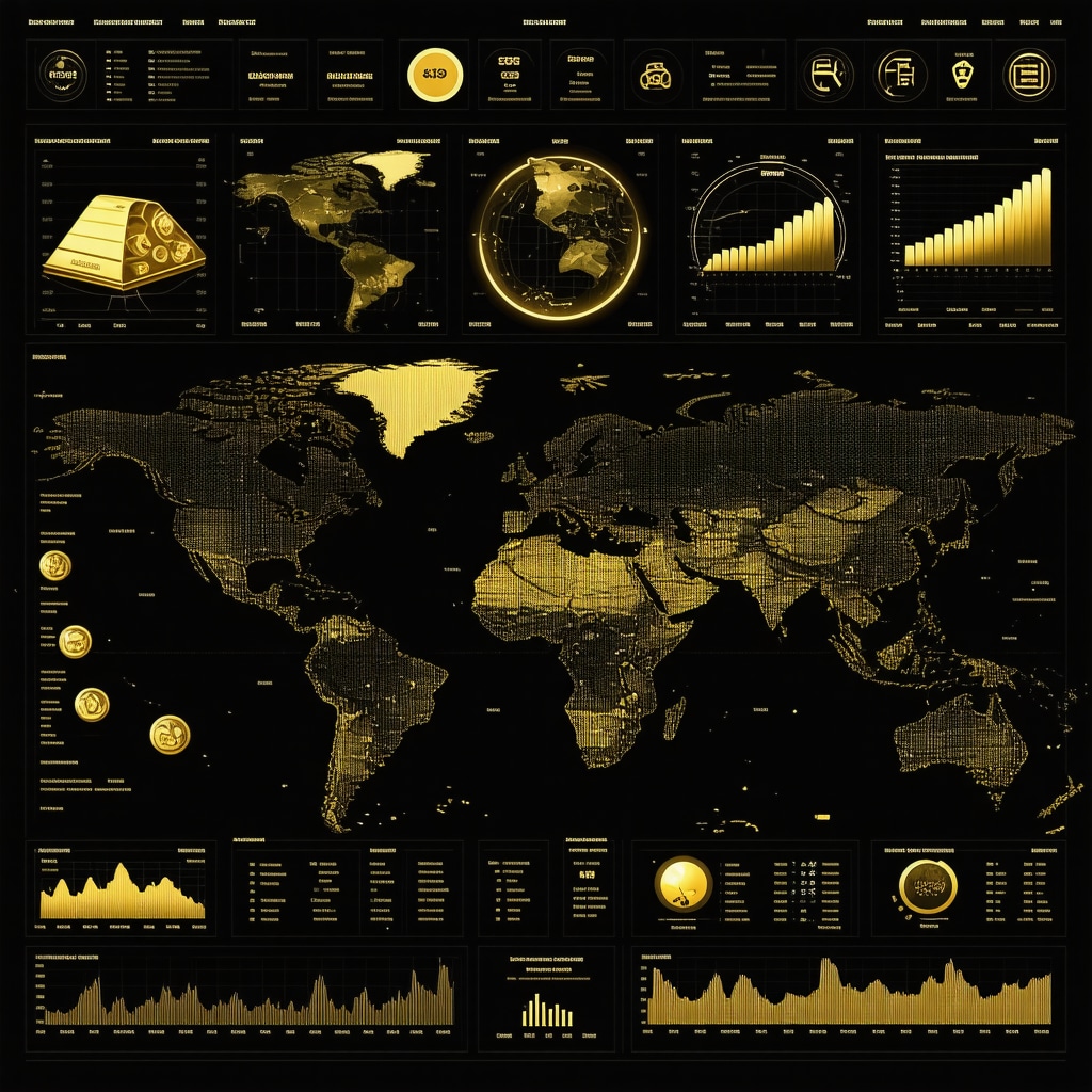 Dashboard showing gold price charts, AI models, ESG indicators, and geopolitical maps for 2025 gold market analysis