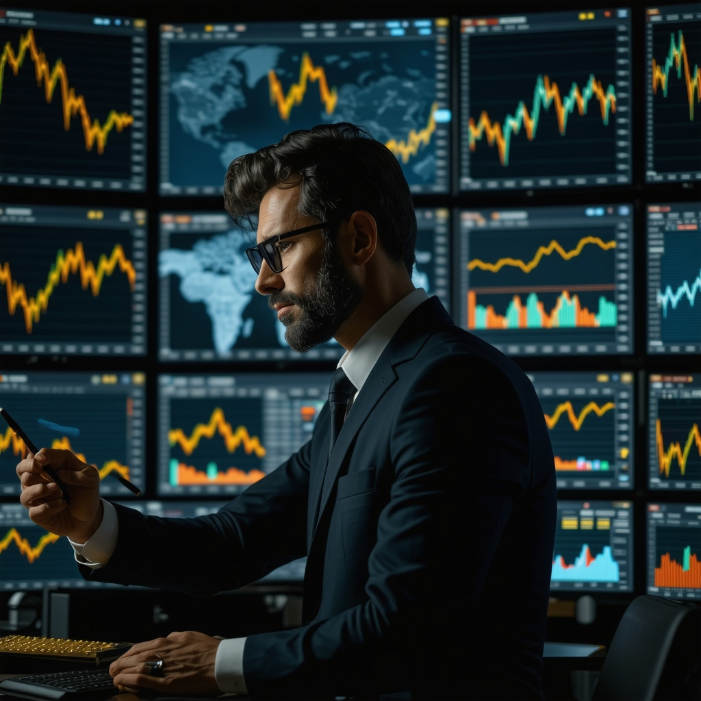 Financial analyst reviewing gold price charts and economic indicators on multiple monitors