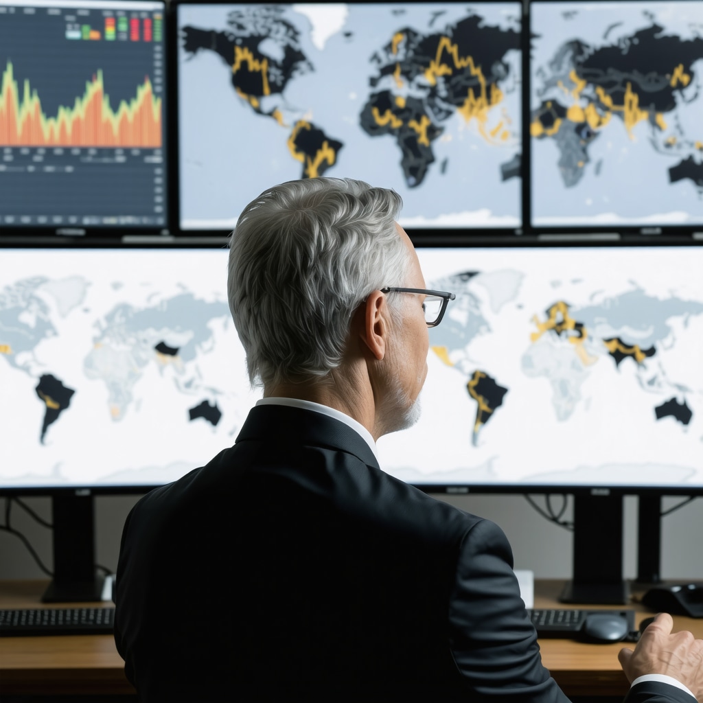 Investor analyzing gold price charts with geopolitical maps and financial data overlays