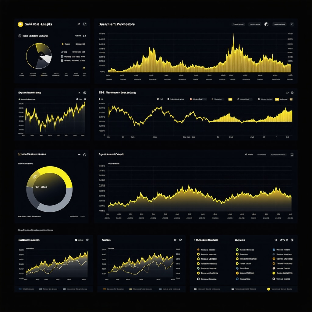 Digital dashboard showing gold price charts, sentiment metrics, ESG scores, and quantitative models for gold market forecasting