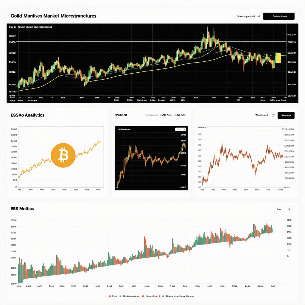 Digital dashboard displaying gold market microstructure, algorithmic trading data, ESG metrics, and cryptocurrency token concepts