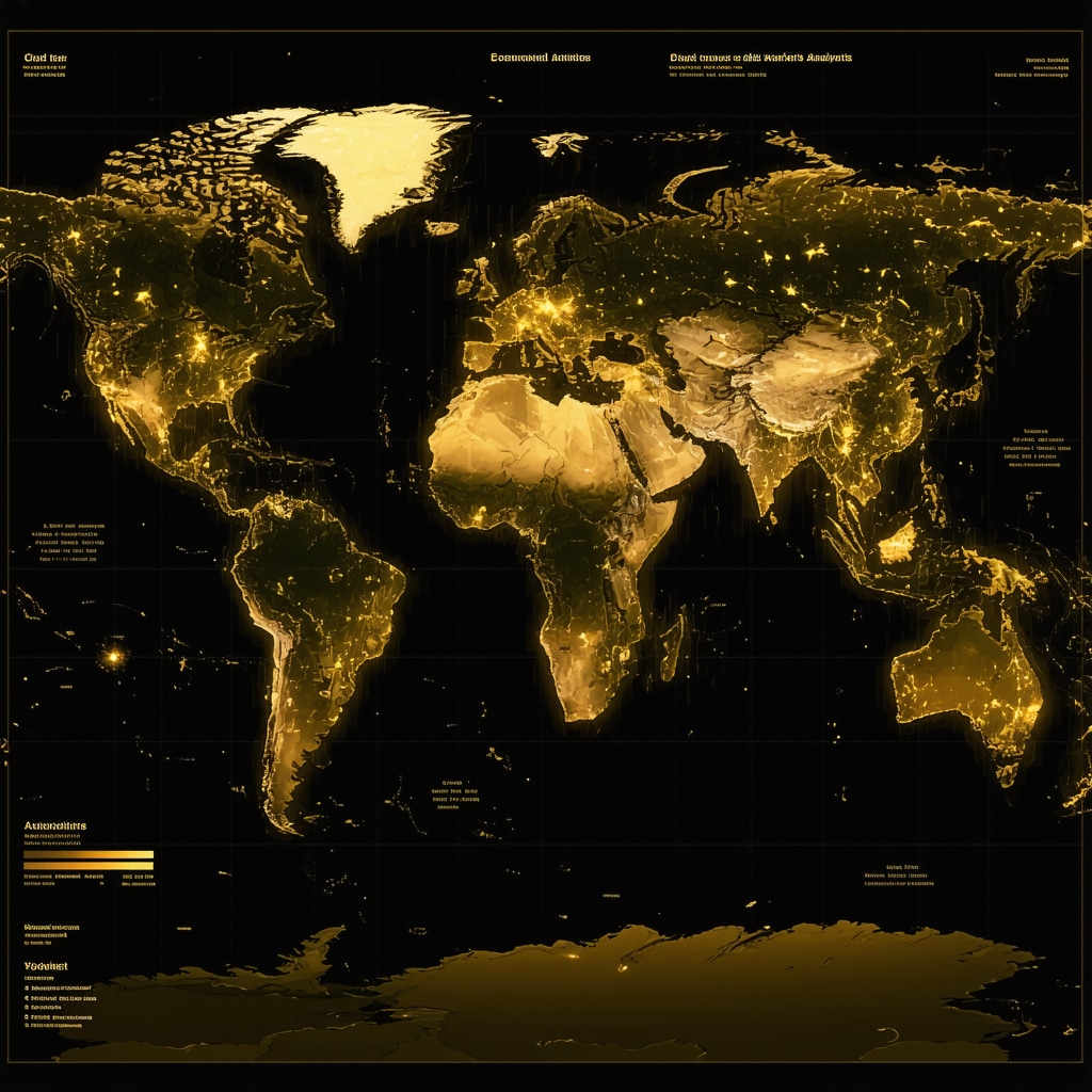 Digital dashboard showing gold prices, AI algorithms, sentiment analysis, and global economic indicators for 2025 gold market