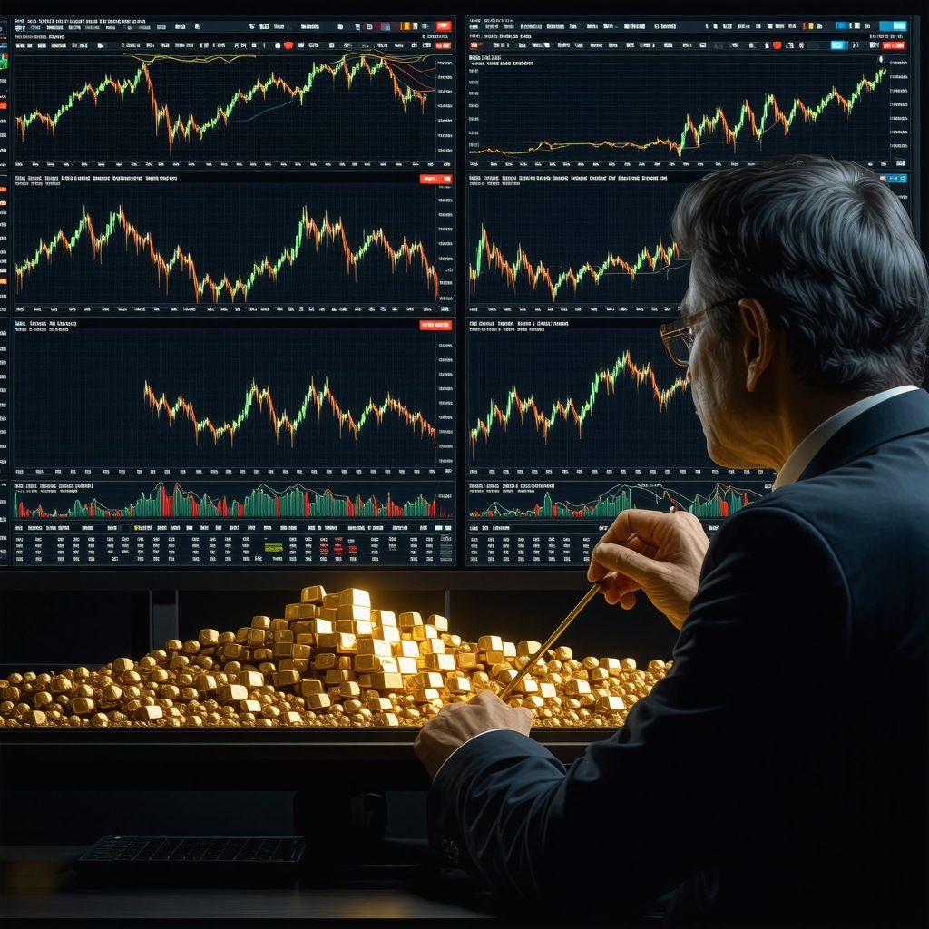 Trader using multiple monitors displaying gold market charts with technical indicators and machine learning analytics