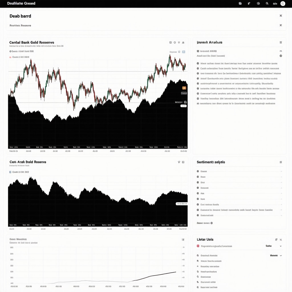 Trading dashboard displaying gold price charts, central bank reserve statistics, and sentiment analysis graphs