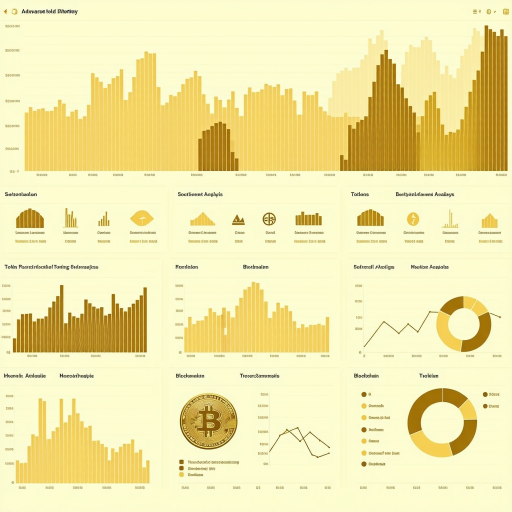Digital dashboard showing gold price trends, sentiment analysis, blockchain tokens, and macroeconomic data for expert gold trading