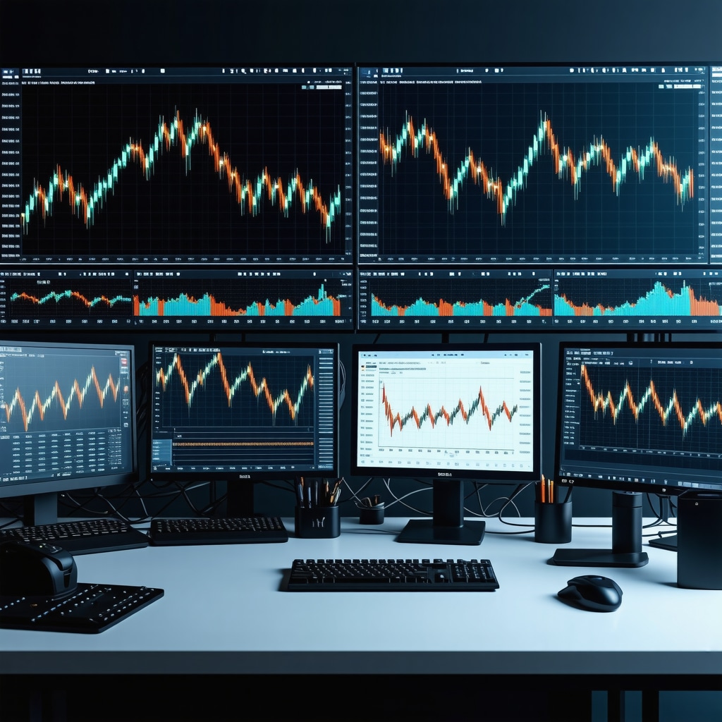 Trader workstation showing AI-powered gold trading charts, sentiment analysis, and live news feeds