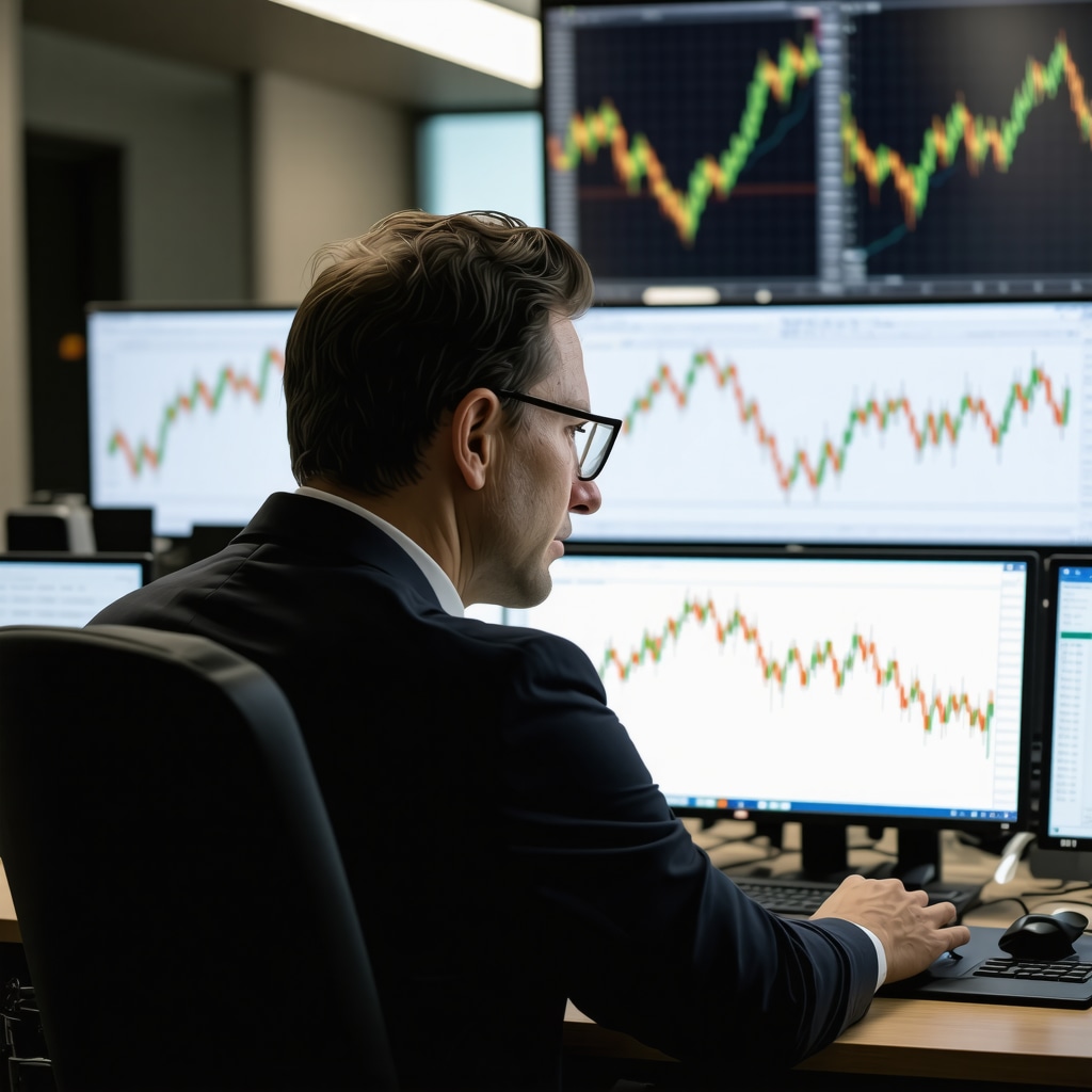Trader using multiple screens with gold market charts and global economic news