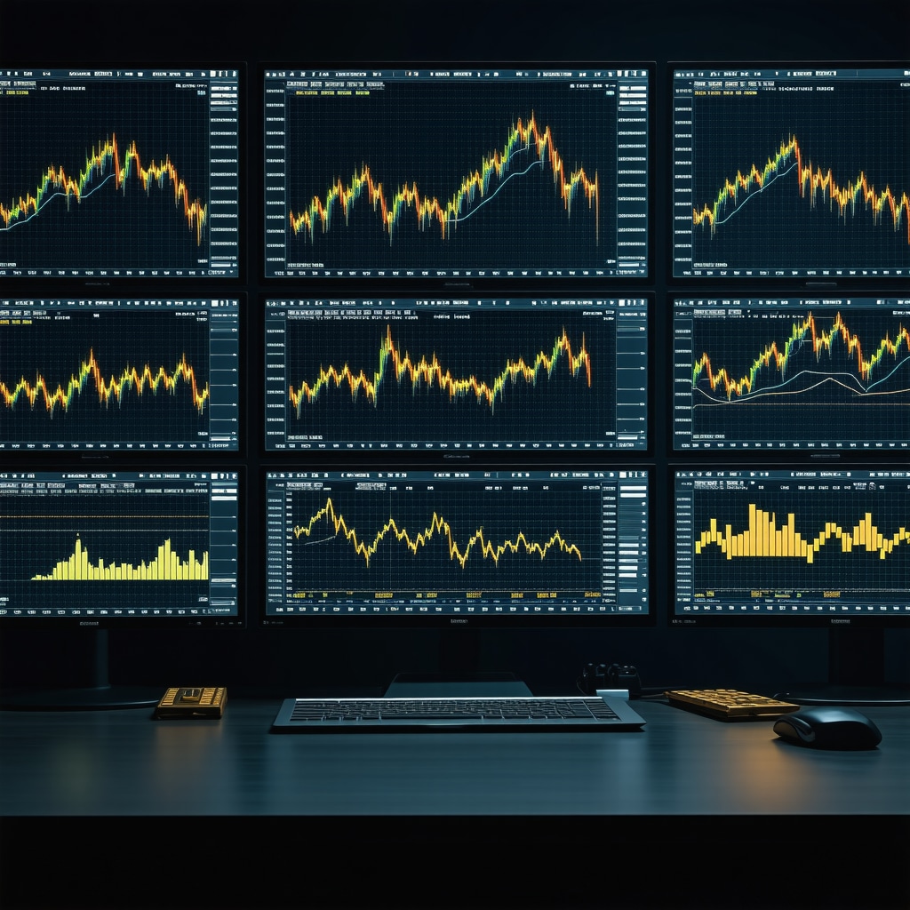 High-tech trading setup showing gold charts and algorithmic data