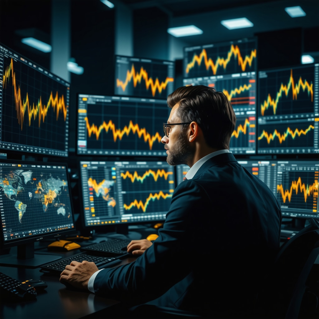 Trader analyzing gold charts, sentiment data, and mining stock performance on multiple screens