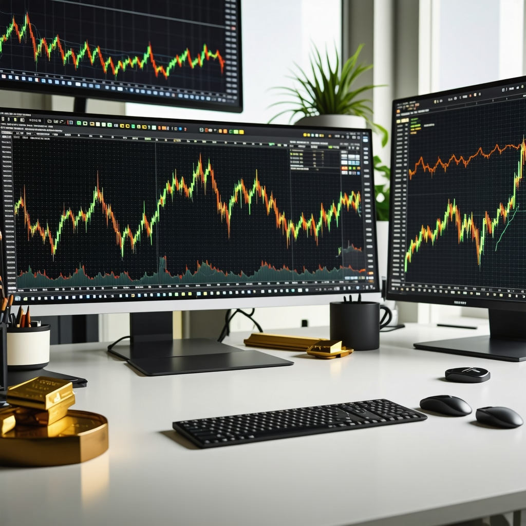 Trading screens displaying gold price charts, sentiment indicators, and AI algorithm outputs for sophisticated gold market analysis