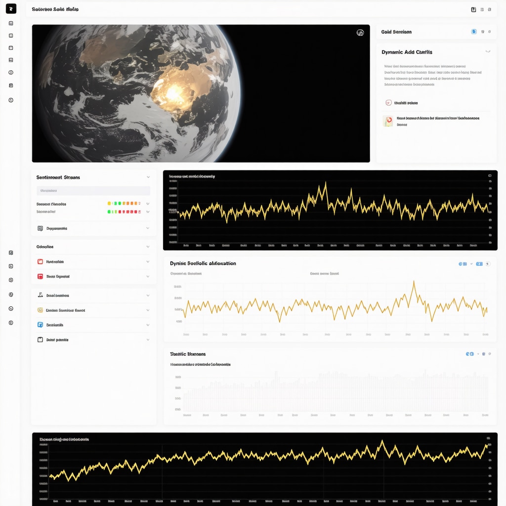 Digital dashboard showing satellite imagery, sentiment analysis, and portfolio allocation charts for gold and stock investments