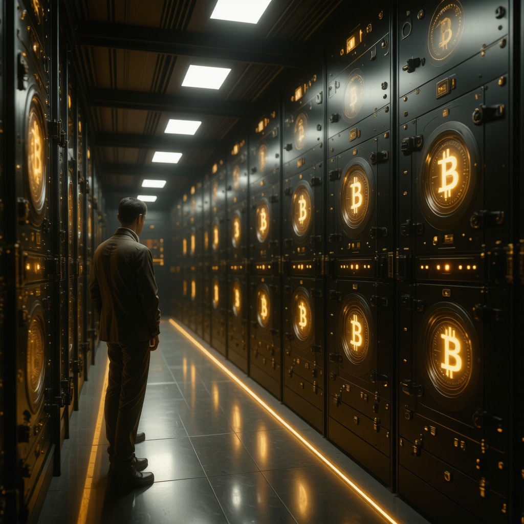 High-tech vault with biometric scanners and AI surveillance securing gold coins with digital analytics overlay