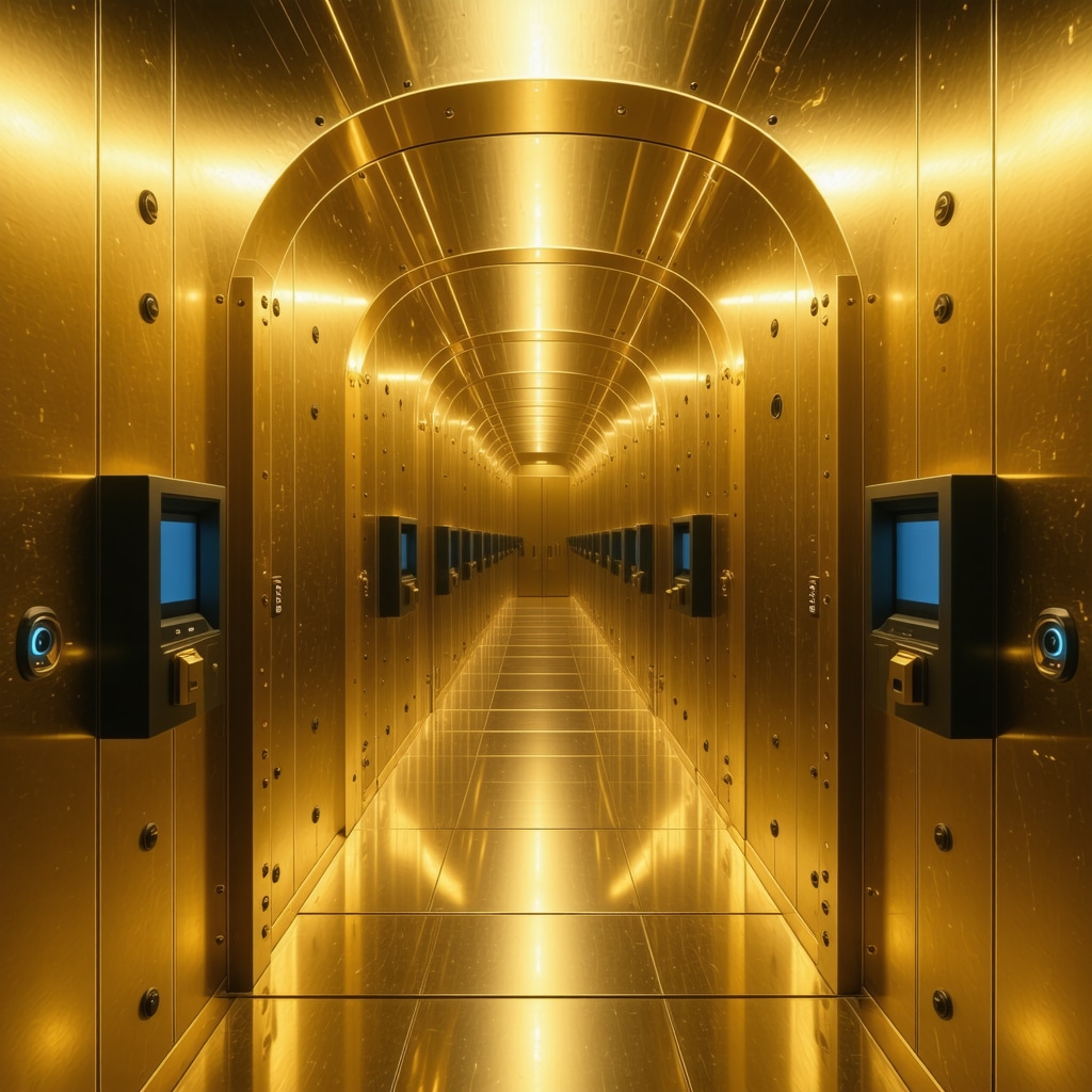 Biometric and AI surveillance systems securing a gold vault entrance