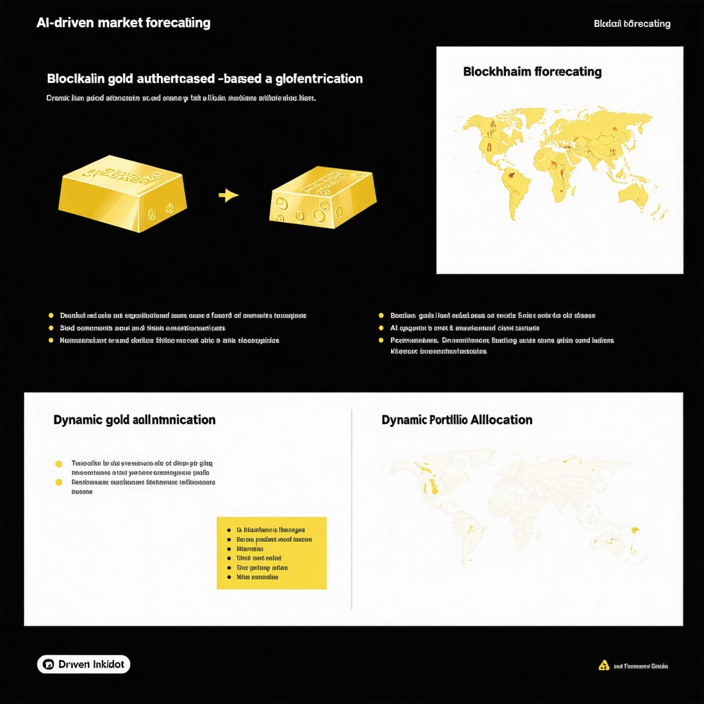 Infographic showing AI analytics, blockchain verification, and dynamic portfolio charts for gold investment
