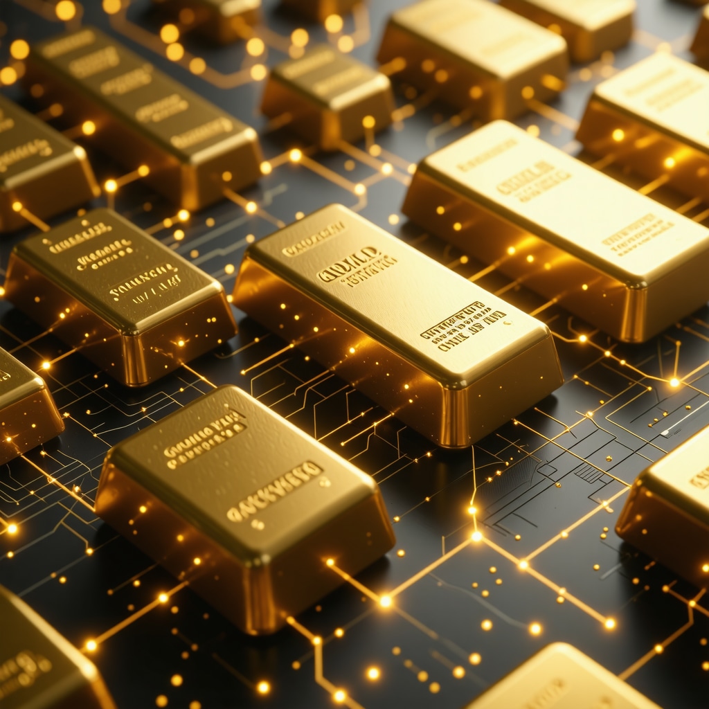 Digital interface showing gold bars connected to blockchain and AI data streams representing gold authentication