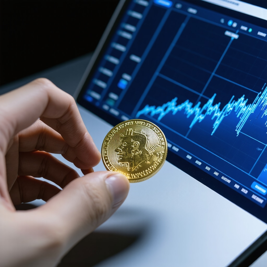 Gold coin undergoing XRF analysis with blockchain and AI analytics interface in background