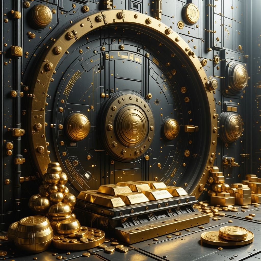 Futuristic vault showcasing digital blockchain interface alongside physical gold bars and coins