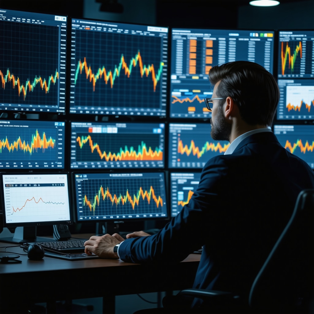 Financial analyst reviewing gold investment data including ETFs, mutual funds, derivatives, and ESG scores on multiple screens