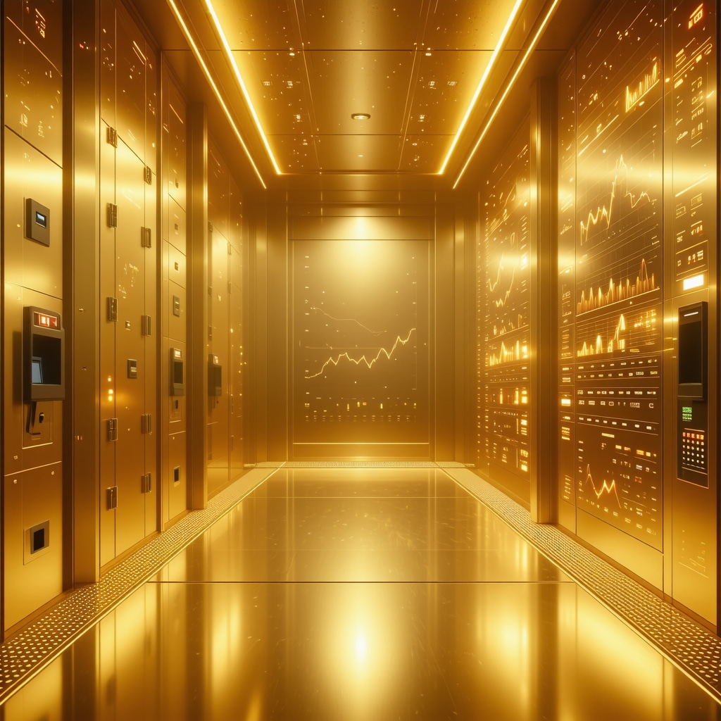 High-tech gold vault with biometric security systems and blockchain visualization representing secure gold investment