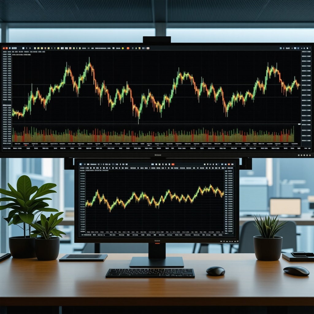 Gold price volatility graphs and AI analytics on trading screens