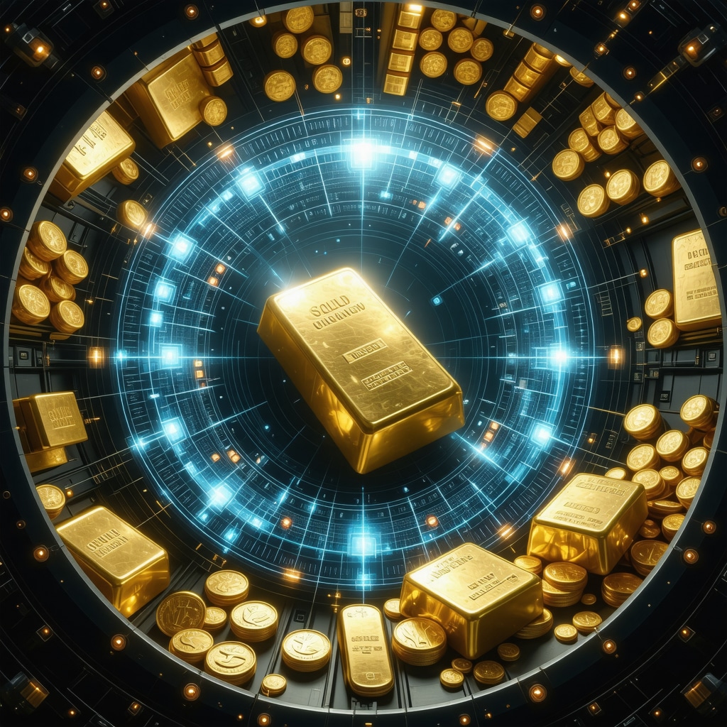 Secure vault interior with gold bars and coins featuring blockchain holograms representing authentication technology