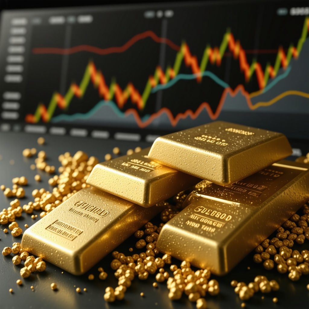 Digital illustration of a gold investment portfolio dashboard including mining stocks, ETFs, ESG scores, and AI data analytics charts