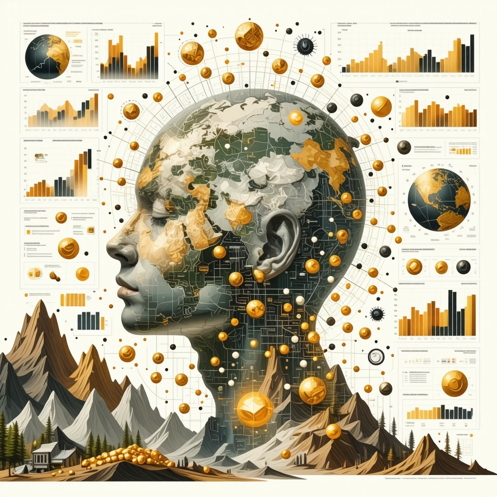 Visualization of behavioral finance, ESG factors, and gold market dynamics with charts and gold symbols