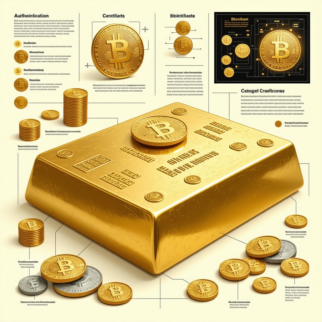 Infographic depicting blockchain technology applications in physical gold authentication and trading