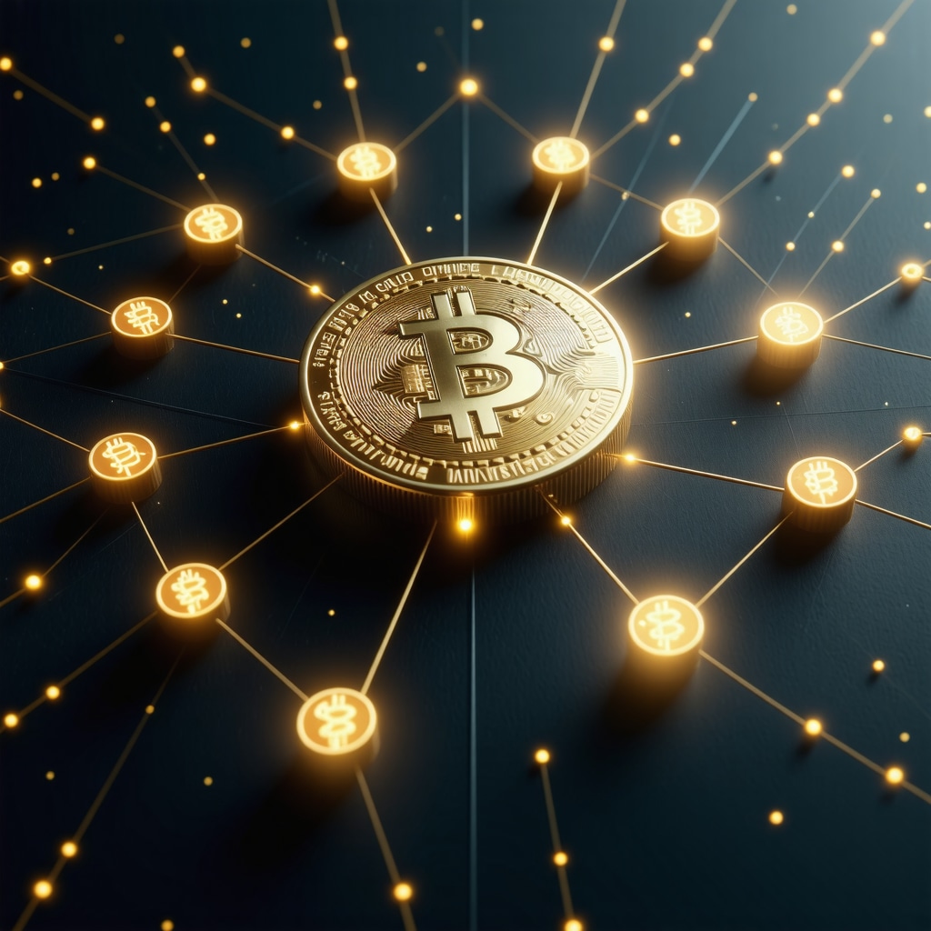 Digital illustration of a gold coin linked to blockchain nodes representing provenance and authentication