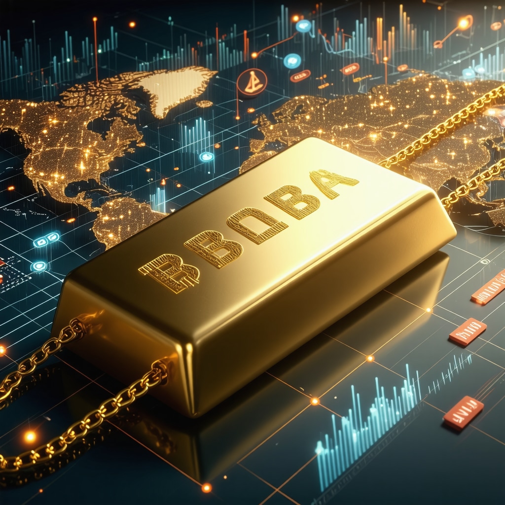 Gold bar with blockchain chain overlay and global market symbols representing provenance and market influences