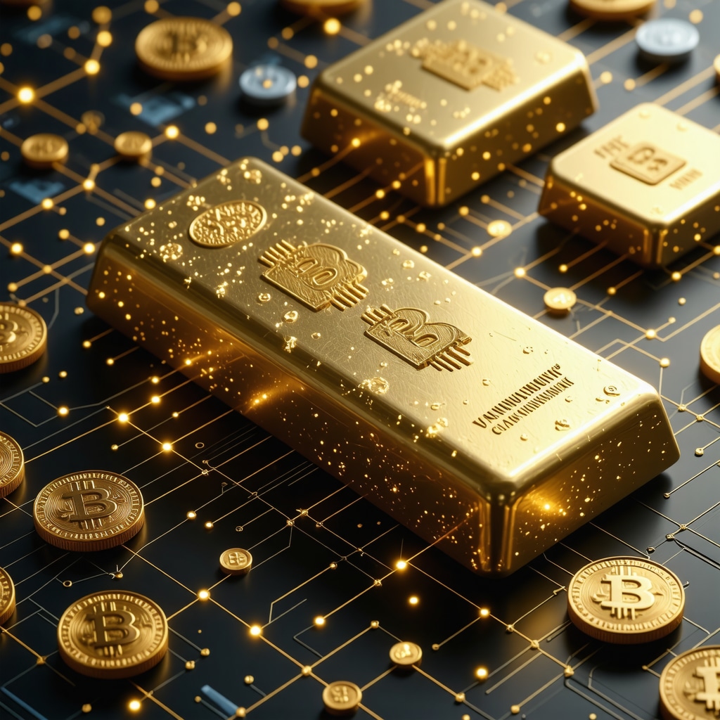 Physical gold bars and coins connected with digital blockchain network and token icons representing fractional ownership