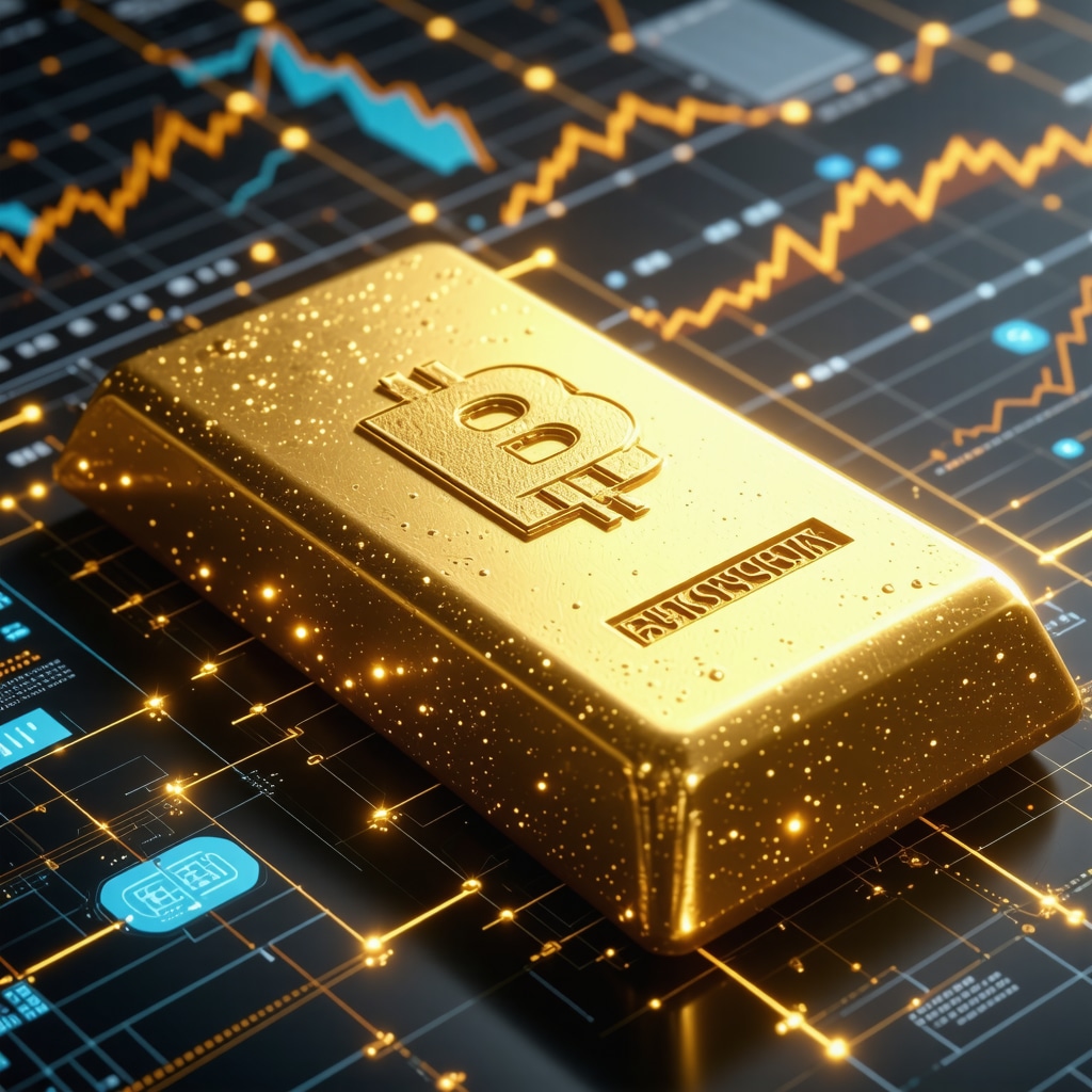 Digital gold bar with blockchain and analytics charts representing transparency and advanced trading technology