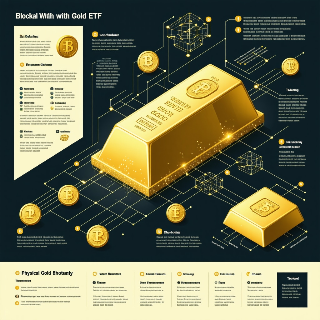 Infographic depicting blockchain integration with gold ETFs showing digital tokens connected to physical gold bars
