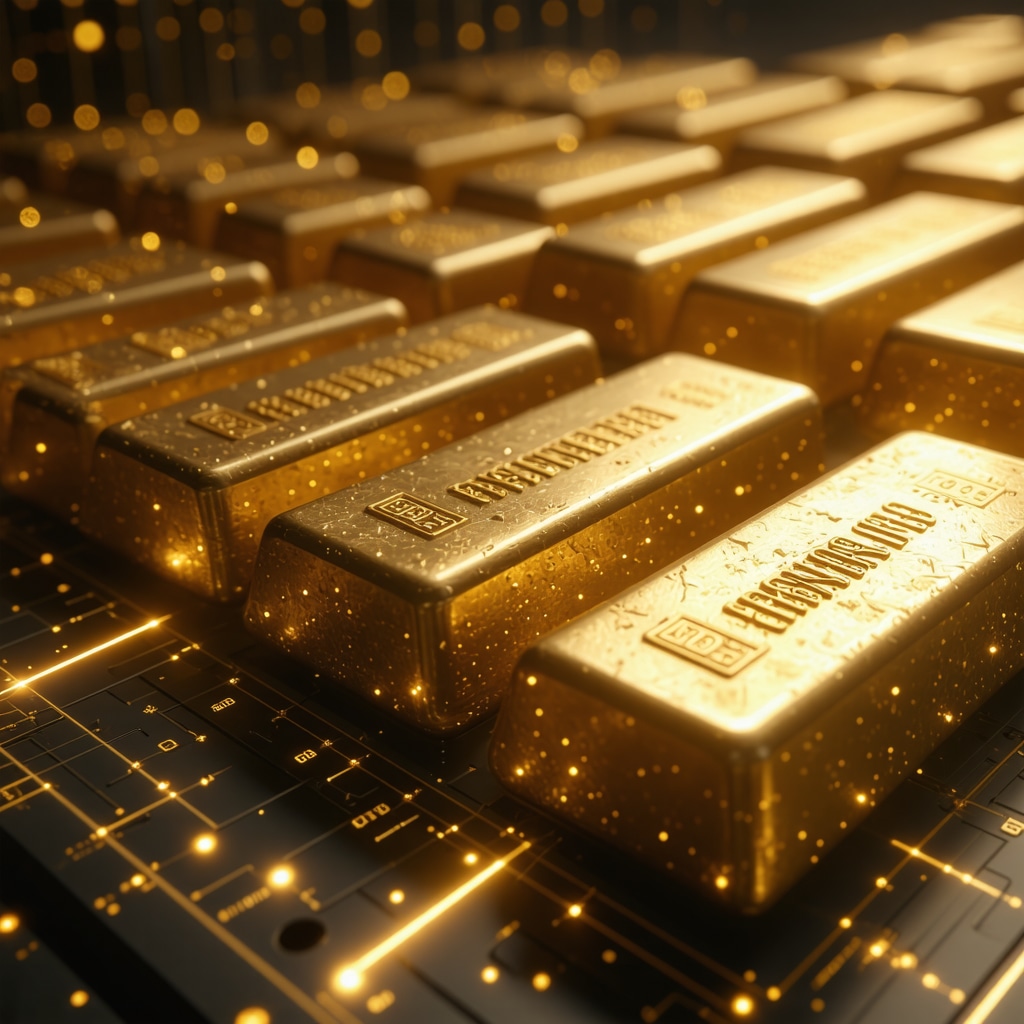 Digital interface depicting blockchain gold token transactions over physical gold bars in vault