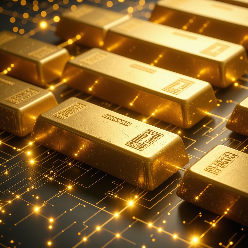 Digital gold bars connected by blockchain and AI analytics visualization