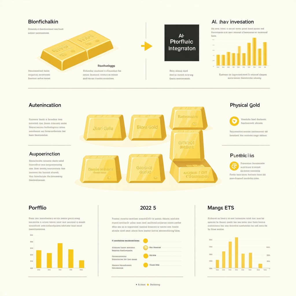Infographic illustrating blockchain and AI authentication for gold bars, portfolio integration with ETFs, and market analytics for gold investment in 2025