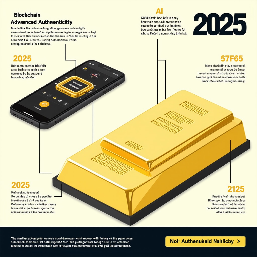 Infographic of blockchain ledger and AI XRF device verifying gold bar authenticity via smartphone