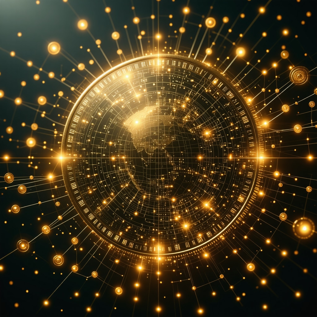 Gold coin with digital blockchain and AI authentication graphics