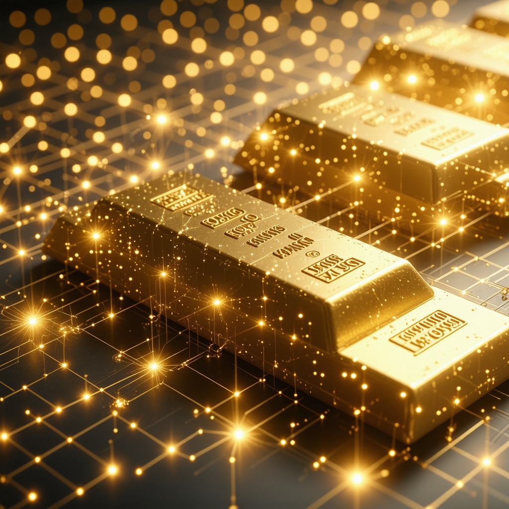 Futuristic image showing gold bars linked with blockchain nodes and financial graphs