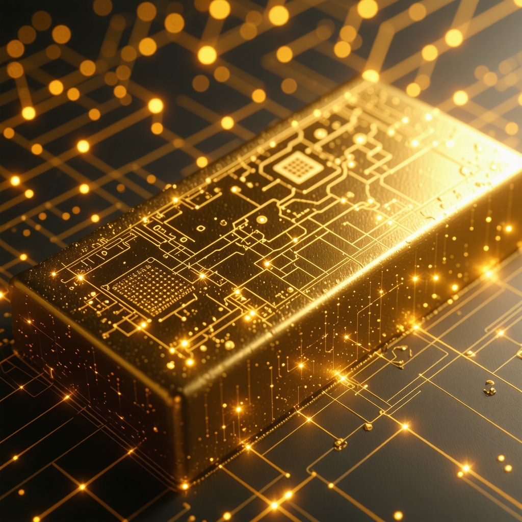 Gold bar with blockchain and IoT technology symbols representing advanced authentication and security