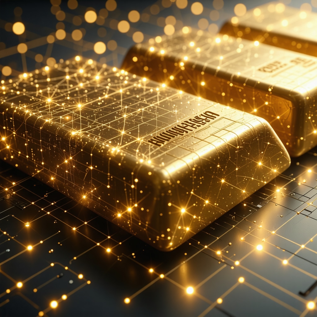Digital blockchain network over gold bars showing advanced transparency in gold trading