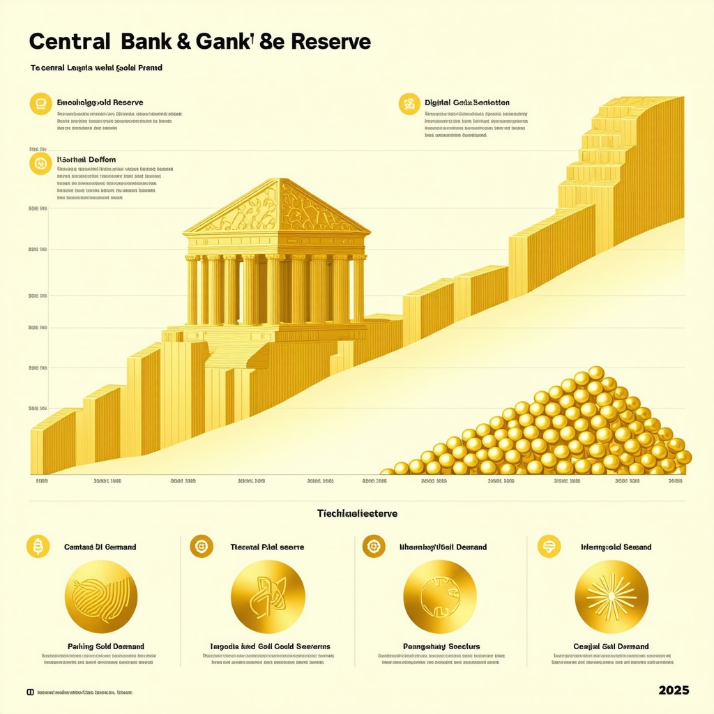 Infographic showing central bank gold reserve trends, digital gold platform growth, and technological demand influencing gold prices in 2025